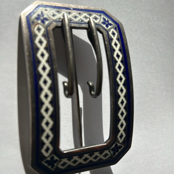 Antique Edwardian Blue and White Enamel Sterling Brooch Buckle - Picture 3 of 11